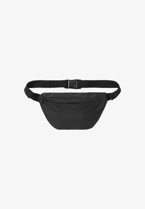 Černá látková ledvinka se zipovým uzávěrem, nastavitelným popruhem a texturovaným povrchem s jemným vzorem loga.