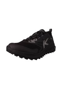Schwarzer Trailrunning-Schuh mit einem Obermaterial aus Mesh, strukturierten Akzenten und einer robusten Sohle. Verfügt über eine gepolsterte Kragen und eine verstärkte Zehenkappe.