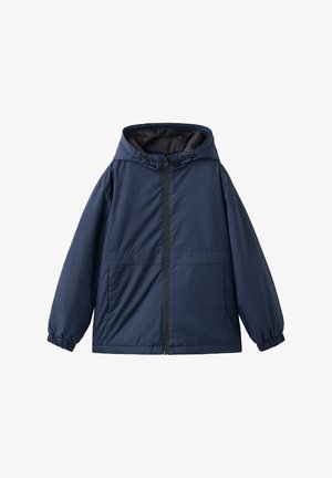 Veste à capuche bleu marine avec fermeture éclair intégrale à l'avant, poignets élastiques et poches latérales, présentée sur fond blanc.