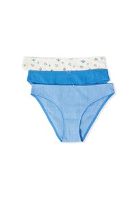 Tre paia di mutandine in cotone femminile di colore azzurro chiaro, blu scuro e bianco con un motivo floreale. Presentano un tessuto testurizzato e piccoli fiocchi.