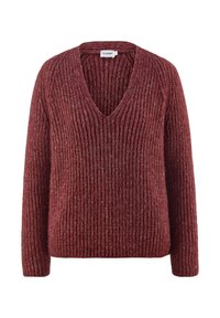 Lockere gerippte Strickjacke in tiefem Burgunderrot mit langen Ärmeln und V-Ausschnitt, auf einem weißen Hintergrund präsentiert.