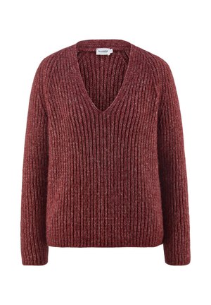 Lockere gerippte Strickjacke in tiefem Burgunderrot mit langen Ärmeln und V-Ausschnitt, auf einem weißen Hintergrund präsentiert.