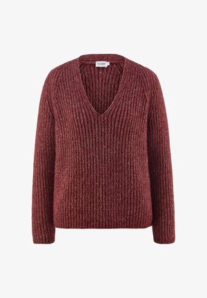 Chunky ribbed knit sweater in deep maroon with long sleeves and a V-neck collar, displayed on a white background.