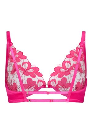 Leuchtend pinker BH mit floralen Spitzen-Cups, verstellbaren Schulter- und Unterbrustriemen sowie einem zentralen dekorativen Ring.