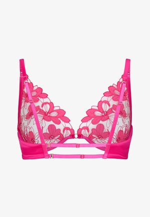 Leuchtend pinker BH mit floralen Spitzen-Cups, verstellbaren Schulter- und Unterbrustriemen sowie einem zentralen dekorativen Ring.