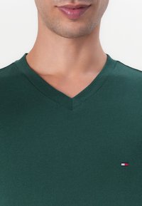 Green v-neck t-shirt in soft fabric, featuring a small red, white, and blue logo on the left chest. Simple, fitted design.