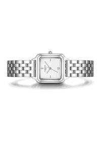 Montre-bracelet en métal argenté avec un cadran carré blanc, marqueurs d'heures minimalistes et bracelet à maillons. Fini poli et aiguilles luminescentes.