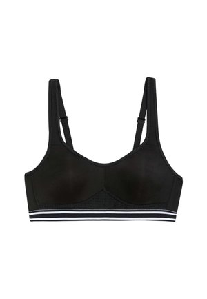 Black sports bra with adjustable straps, smooth texture, and structured cups. Features a contrasting white striped band at the bottom.