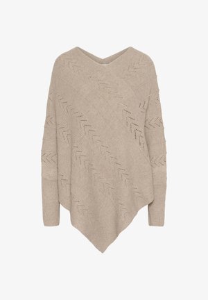 Poncho bej tricotat cu decolteu în V, având modele în zig-zag și detalii din dantela, mâneci lungi și un tiv conic.