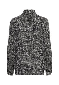 Langärmlige Bluse in Schwarz und Weiß, mit strukturiertem Muster, hohem Kragen mit Schlüsselaugendetail hinten und lockerer Passform.