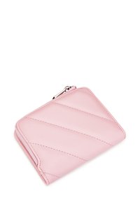 Pink leather wallet with diagonal quilted pattern, zip closure, and subtle stitching detail. Compact design for easy storage.
