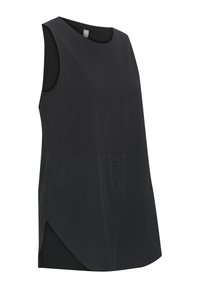 Top senza maniche di colore nero con scollatura rotonda, due texture di tessuto e una chiusura a bottoni con sei bottoni. Materiale morbido e liscio.