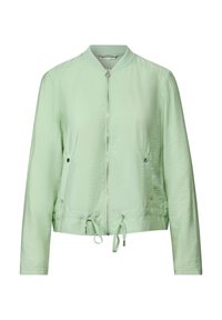 Světle zelená bomber bunda se zapínáním na zip, stahovacími lemy a bočními kapsami s kovovými akcenty ve stříbrné barvě. Vyrobena z mačkané látky.