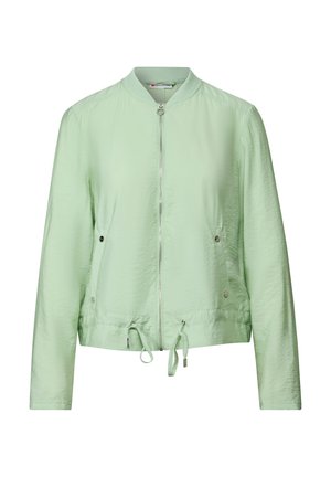 Veste bomber vert clair avec fermeture éclair à l'avant, ourlet à cordon de serrage et poches latérales avec des accents en métal argenté. Fabriquée en tissu froissé.