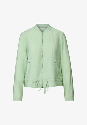 Light green bomber jacket with a zip front, drawstring hem, and side pockets featuring silver hardware accents. Made from a crinkled fabric.