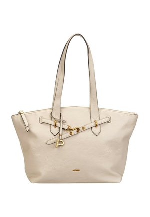Beige leather tote bag with dual shoulder straps, gold hardware, decorative buckle detail, and "Picard" brand name embossed on front.