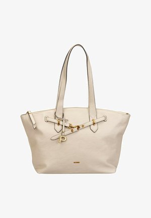 Sac fourre-tout en cuir beige avec deux anses d'épaule, ferrures dorées, détail décoratif de boucle, et nom de la marque "Picard" embossé sur le devant.