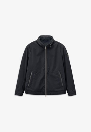 Black zip-up jacket with stand collar and two zipped front pockets, long sleeves, and elasticized hem and cuffs, displayed on a white background.