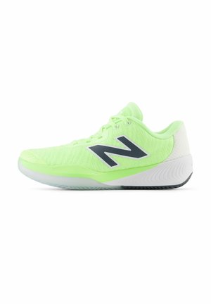Neon green athletic shoe with mesh upper, white heel accents, and black rubber sole. Features a prominent gray logo on the side.