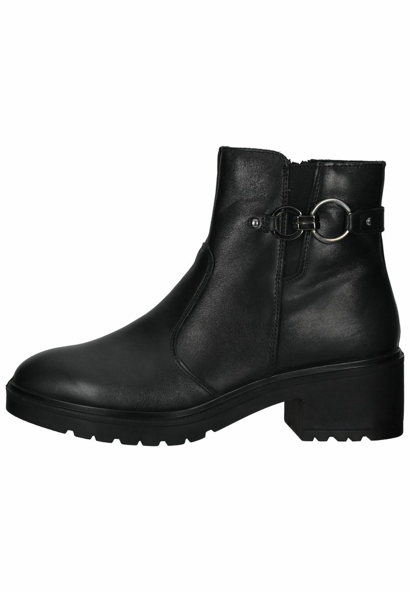 Bottine en cuir noir avec petit talon bloc, détail de boucle ronde en métal, et semelle crantée, vue de profil.