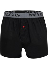 Schwarze Baumwoll-Boxershorts mit einem grauen elastischen Bund, der das Logo "Phil & Co." trägt, sowie einem roten Knopfdetail auf der Vorderseite.