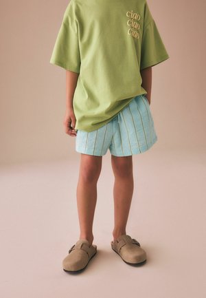 Copil purtând un tricou verde supradimensionat cu textul „ciao”, pantaloni scurți albaștri cu dungi și pantofi slip-on bej, stând în fața unui fundal simplu.