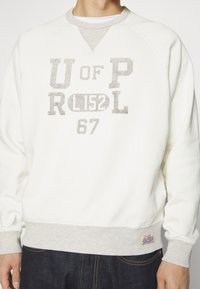 Světle šedá mikina s raglánovými rukávy, s velkým potiskem v tmavě šedé barvě. Hladký límec a manžety, měkký materiál.