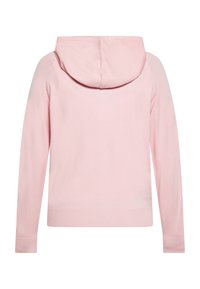 Hele roosa kapuutsiga, pehme kangas, pikad varrukad, soonikkoes ja alumine äär, kapuutsil on õmblus, ilma nähtavate mustrite või metalldetailideta.