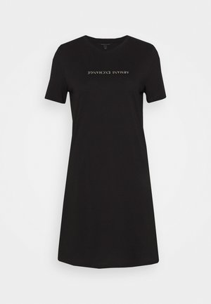 Abito t-shirt nero con maniche corte, scollatura rotonda, caratterizzato da testo stampato "ARMINI EXCHANGE" in un colore contrastante sul petto.