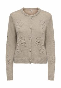 Gilet beige en tricot avec encolure ronde, fermeture à boutons et broderie florale en relief sur le devant et les manches.