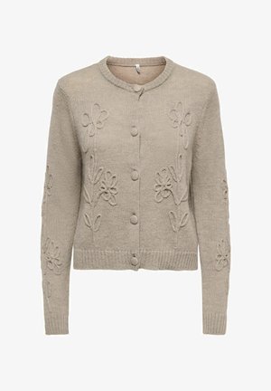 Beige strikket cardigan med rund hals, knappestolpe og hevet blomsterbroderi på forside og ermer.