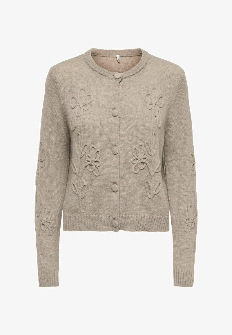 Gilet beige en tricot avec encolure ronde, fermeture à boutons et broderie florale en relief sur le devant et les manches.