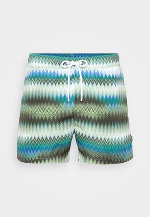 Herre svømmedragter med zigzag mønster i nuancer af grøn, blå og brun. Har snor i taljen og blødt materiale.
