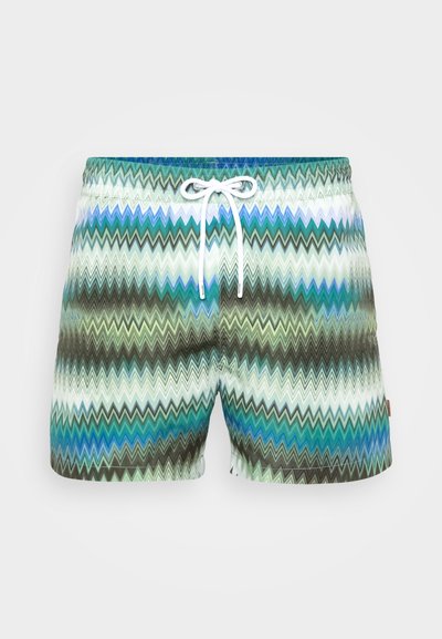 Ανδρικά μαγιό με σχέδιο ζιγκ-ζαγκ σε αποχρώσεις του πράσινου, του μπλε και του καφέ. Διαθέτουν ρυθμιζόμενη μέση με κορδόνι και μαλακό ύφασμα.