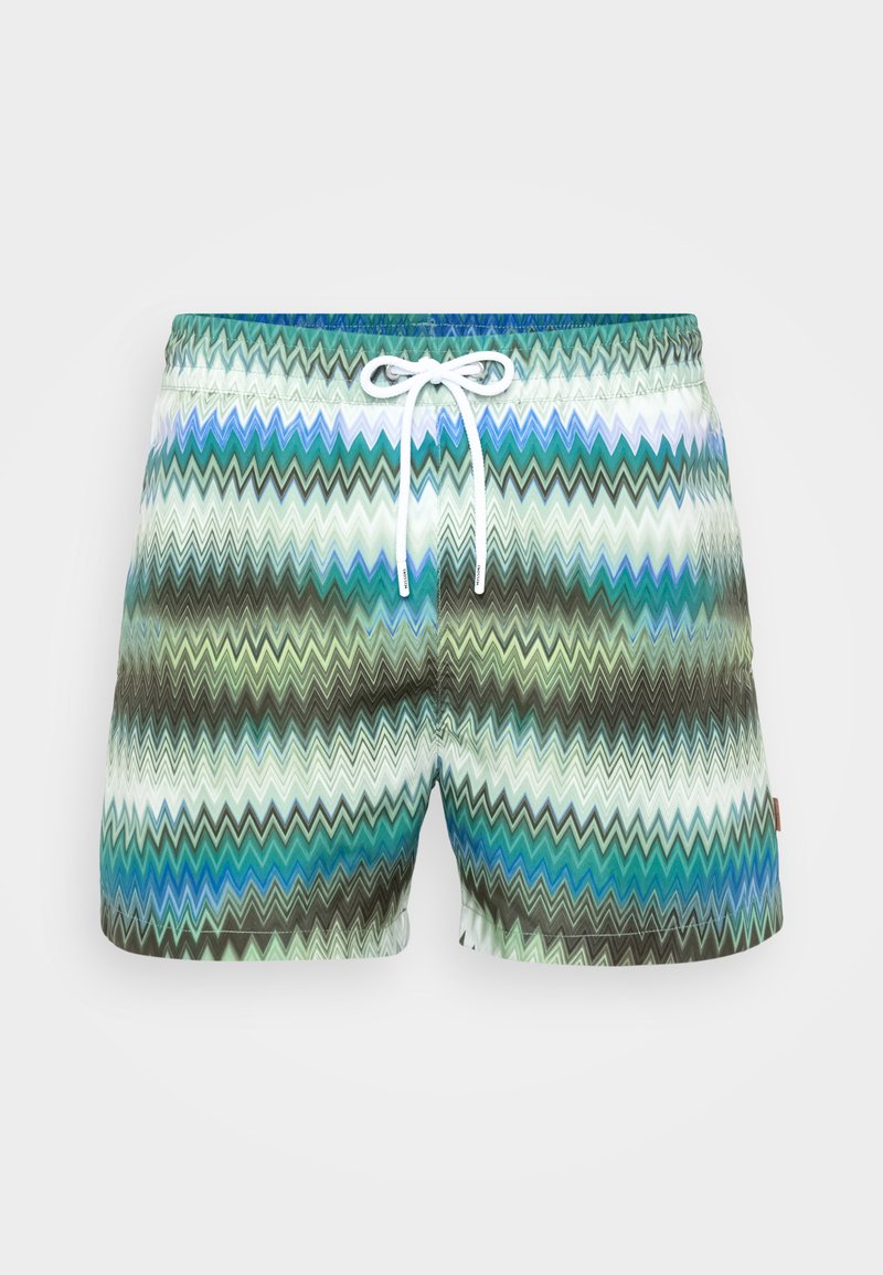 Herresvømmetøj med et zigzag-mønster i nuancer af grøn, blå og brun. Har snoretræk i taljen og blødt materiale.