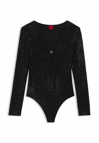 Zwart langslurf bodysuit gemaakt van textuurstof met sprankelende sequins, voorzien van een V-halslijn en een zilveren logo-accent op de borst.