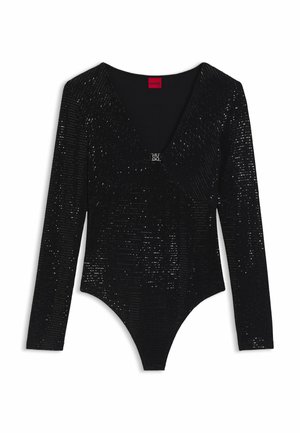 Schwarzer Langarm-Body aus strukturiertem Stoff mit glitzernden Pailletten, mit einem V-Ausschnitt und einem silbernen Logo-Akzent auf der Brust.