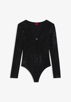 Zwart langslurf bodysuit gemaakt van textuurstof met sprankelende sequins, voorzien van een V-halslijn en een zilveren logo-accent op de borst.