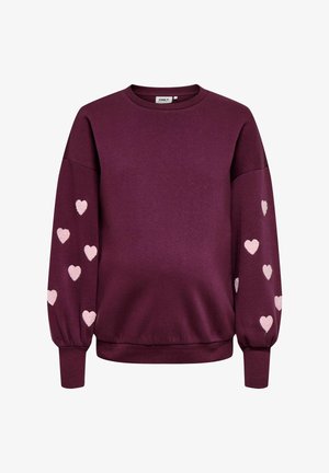 Lilla hettegenser med lange ermer og rosa hjerte-mønster spredt langs begge ermene, med ribbekanter på ermer og nedekant.
