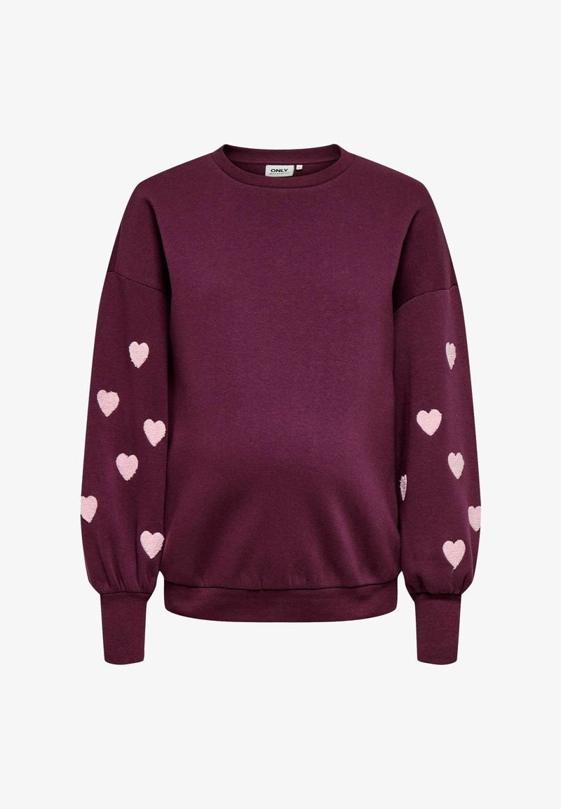 Sweat violet à manches longues avec des motifs de cœurs roses dispersés sur les deux manches ainsi que des poignets et un bas côtelés.