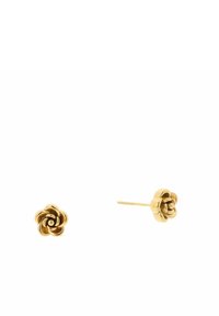 Złote kolczyki w kształcie kwiatu o misternych detalach płatków i gładkim wykończeniu. Prosty wzór z sztyftem zapewniającym bezpieczne noszenie.