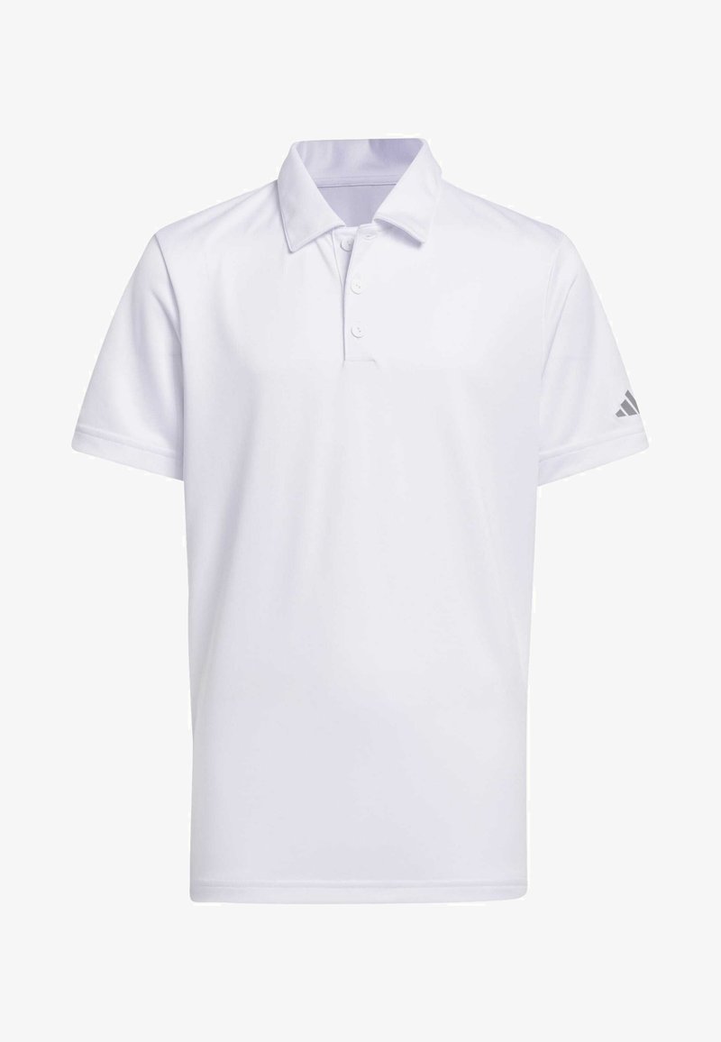 Weißes Polohemd mit kurzen Ärmeln aus glattem, leichtem Stoff. Mit einer Dreiknopf-Leiste und einem adidas-Logo auf dem linken Ärmel.