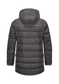 Dunkelgraue Steppjacke mit Kapuze, ausgestattet mit genähten horizontalen Paneelen, einem Kunstfellrand an den Bündchen und einer glatten Außenoberfläche.