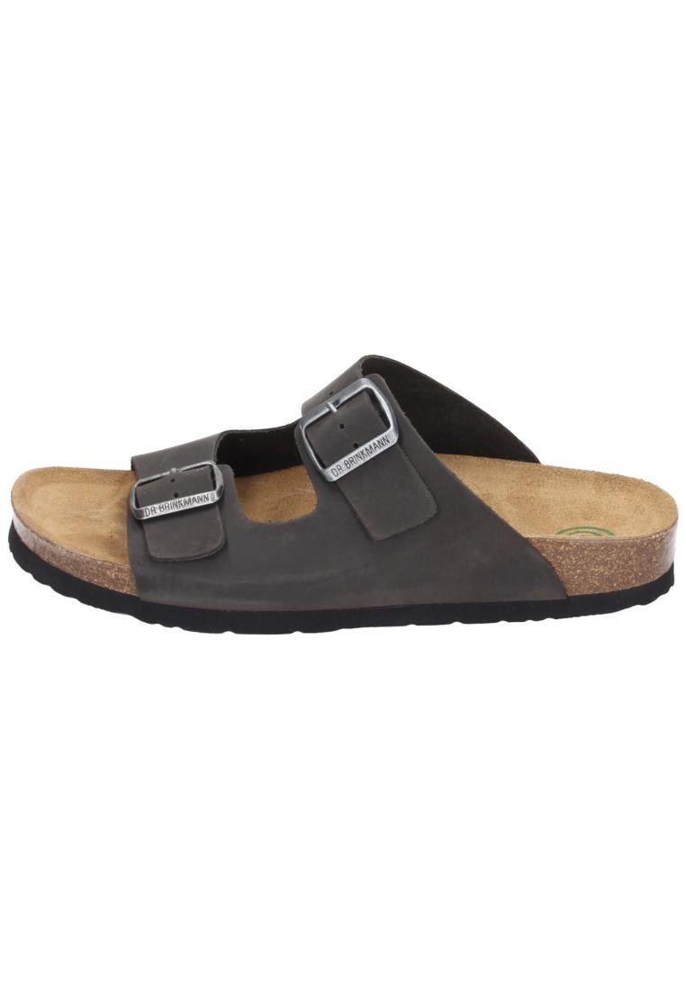 Black leather slip-on sandal with two adjustable buckle straps, cork footbed, and textured rubber sole. Simple and ergonomic design.