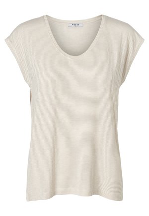 Light beige t-shirt with short sleeves, featuring a wide V-neckline and subtle vertical stripes. Soft fabric with a relaxed fit.