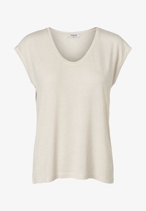 Lichtbeige t-shirt met korte mouwen, featuring een brede V-halslijn en subtiele verticale strepen. Zacht materiaal met een ontspannen pasvorm.