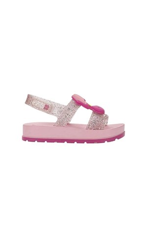 Sandalo rosa per bambino con cinturini glitterati, decorazione floreale sulla parte superiore e suola testurizzata per una migliore presa.