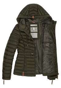 Veste matelassée vert foncé avec capuche, fermeture éclair devant, taille ajustable et poches intérieures, marque Marikoo, posée à plat avec le devant ouvert.