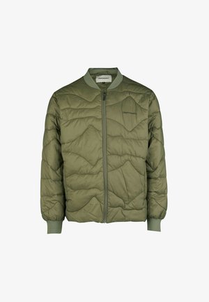 Olive green quilted bomber jacket with a zip front, ribbed cuffs, and collar. Features a subtle logo on the left side. Lightweight material.