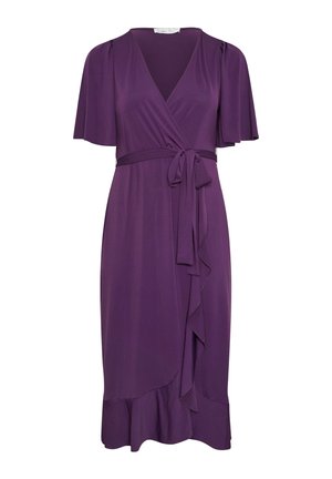 Violetti kietaisumekko V-kaula-aukolla, lyhyillä liehuvilla hihoilla, vyötärönauhalla, röyhelökoristuksella edessä ja helmassa, polvipituinen.